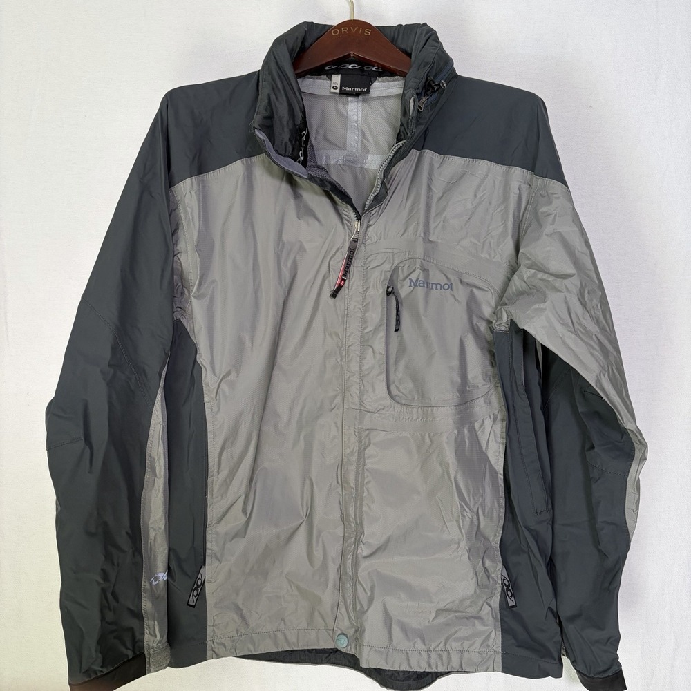 Marmot Men's size Medium Hooded Nylon Rain Jacket Shell Hideaway Hood Blue Gray